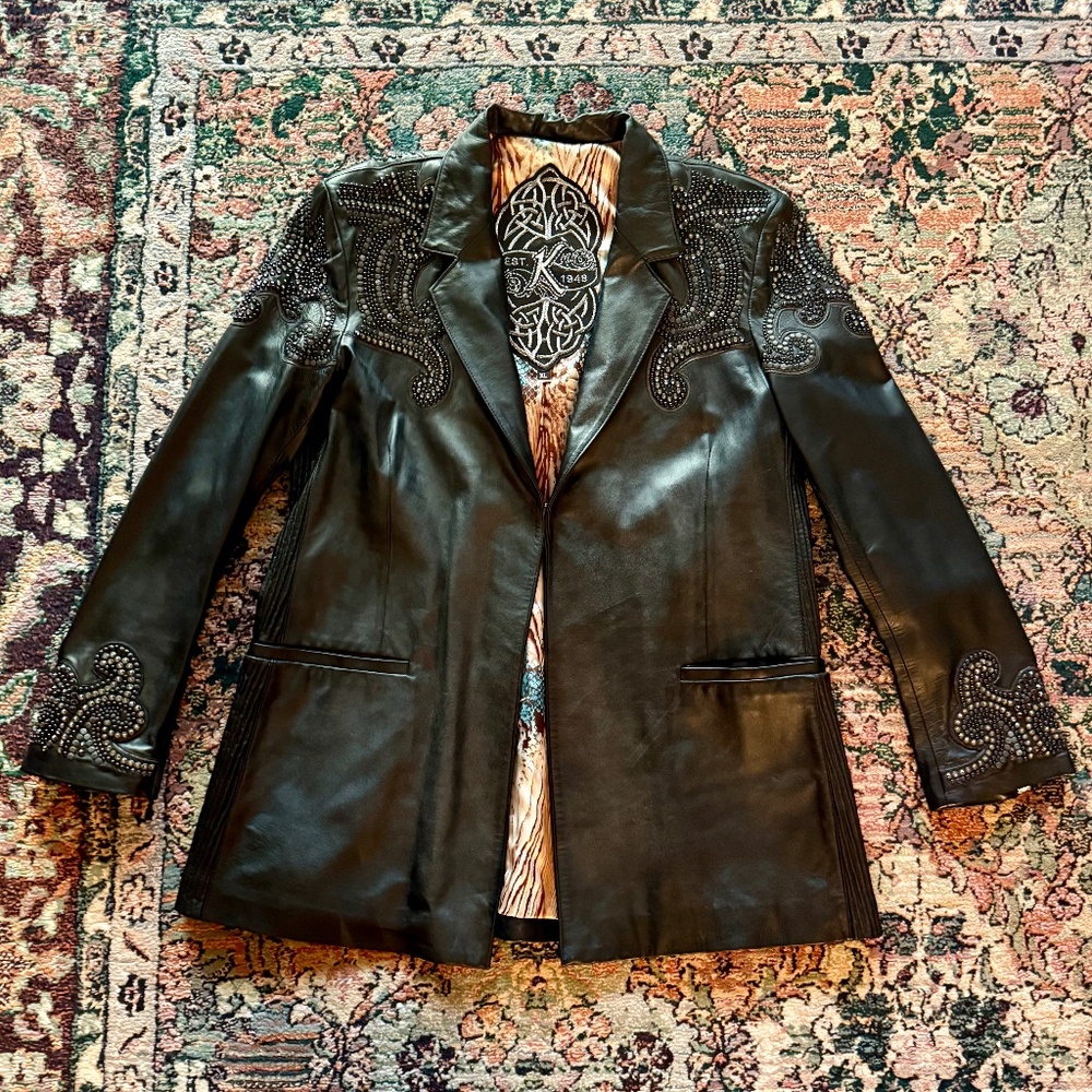 Kippy"s Custom Made Embellished Black Leather Jacket--Size 12